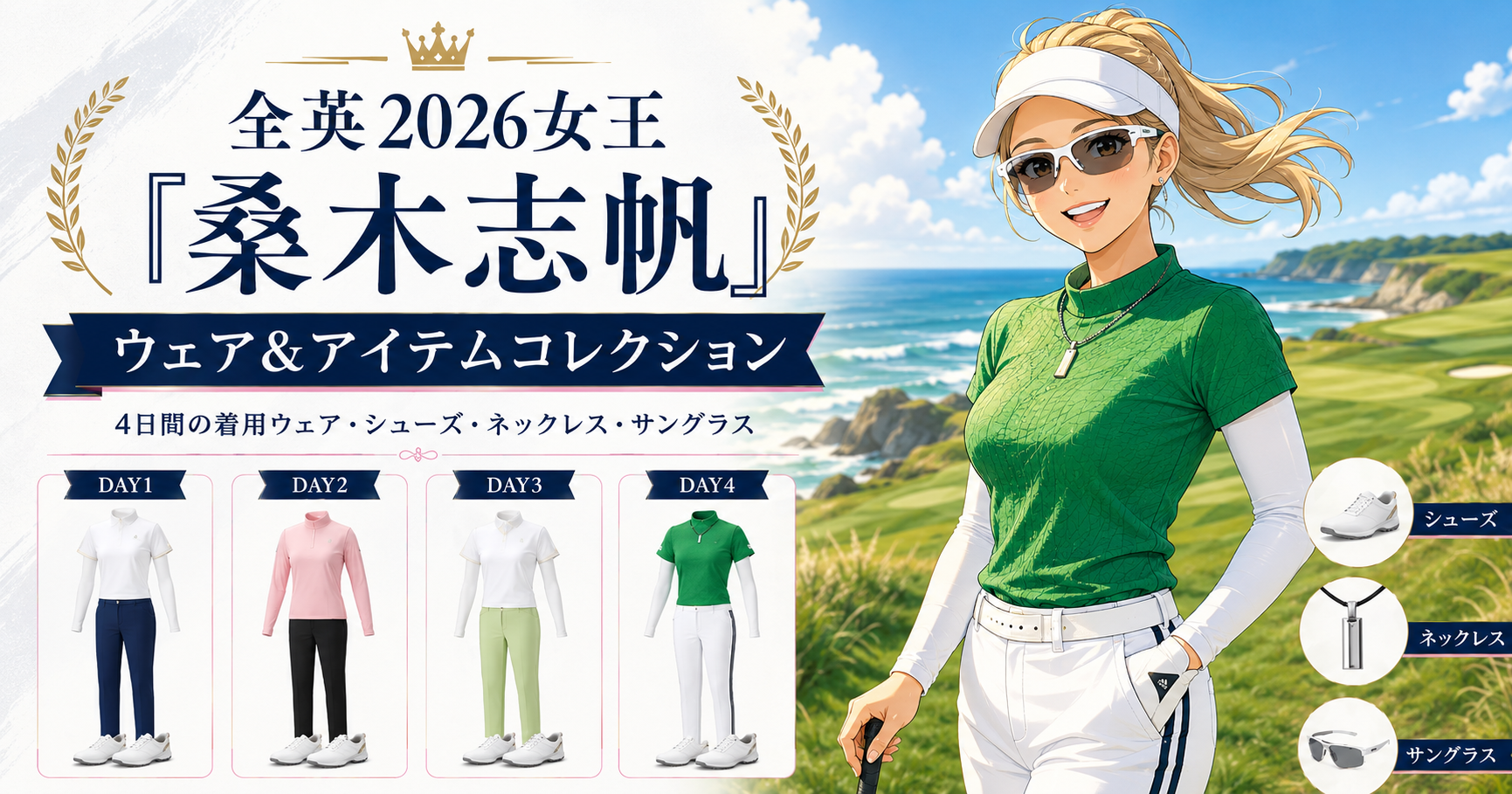 全英2026女王「桑木志帆」ウェア＆アイテムコレクション｜4日間の着用モデルを調査。ブログ用のアイキャッチ画像